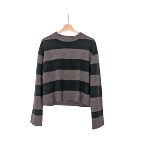 White + Warren Cashmere Gray and Green Striped Knit Sweater, S